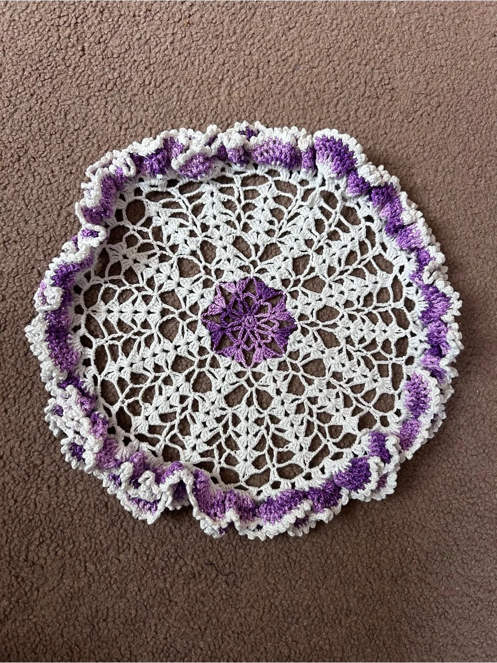 Vintage Crocheted Doily Ruffled Edge White & Purple - Picture 2 of 3